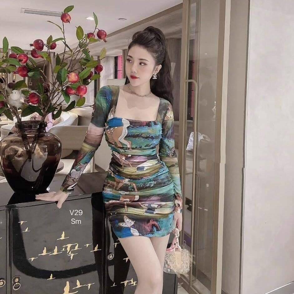 [Mẫu Mới]Đầm Nữ BODY Cổ Vuông Tay Dài Họa Tiết Thiết Kế Tôn Dáng Thời Trang Thích Hợp Đi Dạo, Dự Tiệc | BigBuy360 - bigbuy360.vn