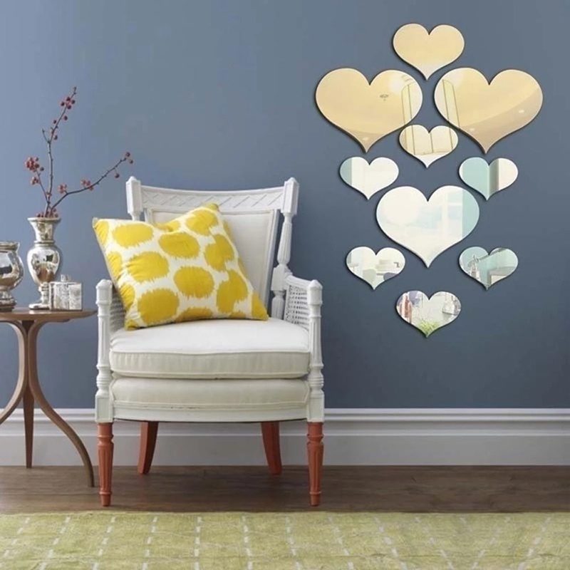 Bộ 10 miếng acrylic dán tường trang trí nội thất hình trái tim 3D DIY