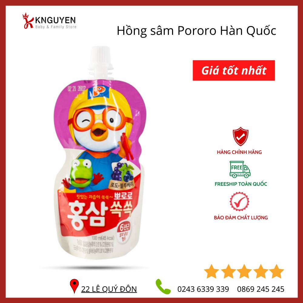 Nước Hồng sâm hoa quả Pororo Hàn Quốc 10túi*100ml Date 2022