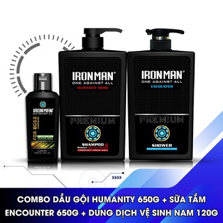 Dầu gội nam Ironman Humanity Hero 650g + Sữa tắm Ironman Encounter 650g + Dung dịch vệ sinh dành cho nam Ironman 120g