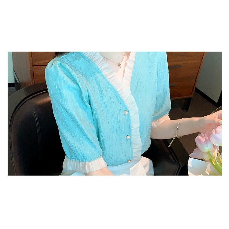 AMOI Áo Voan Tay Phồng Ngắn Cổ Chữ V Xinh Xắn Thời Trang Kiểu Pháp Cho Nữ 2022