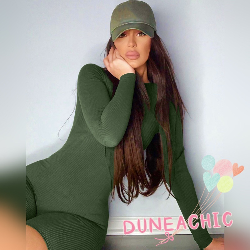 Áo liền quần DUNEA dệt kim tay dài màu trơn thiết kế đơn giản cho nữ