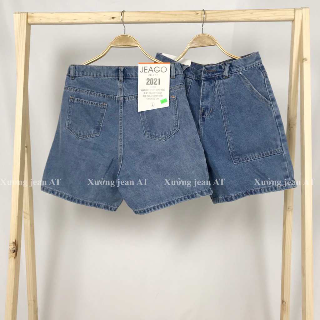 Quần Shorts Jeans Nữ Ống Rộng Túi Vuông Màu Xanh Nhạt Kèm Đai Nhân Cá Tính - 518