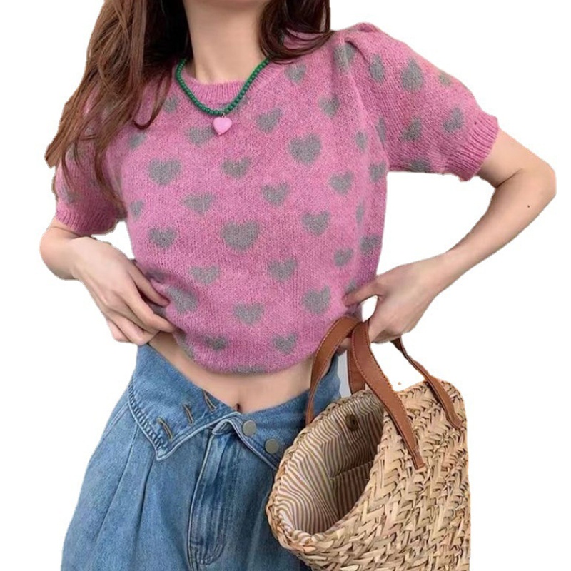 Áo Croptop Dệt Kim Tay Ngắn Cổ Tròn Dáng Rộng Thoải Mái Thời Trang Mùa Hè Cho Nữ