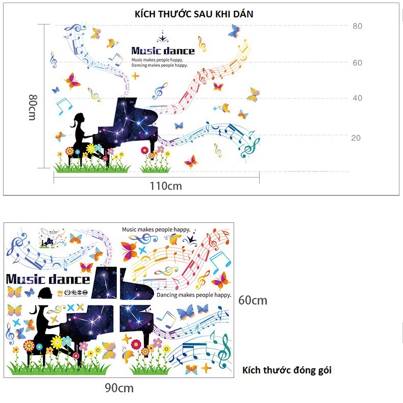 Decal dán tường Âm nhạc 10 - decal đàn piano sắc màu AmyShop