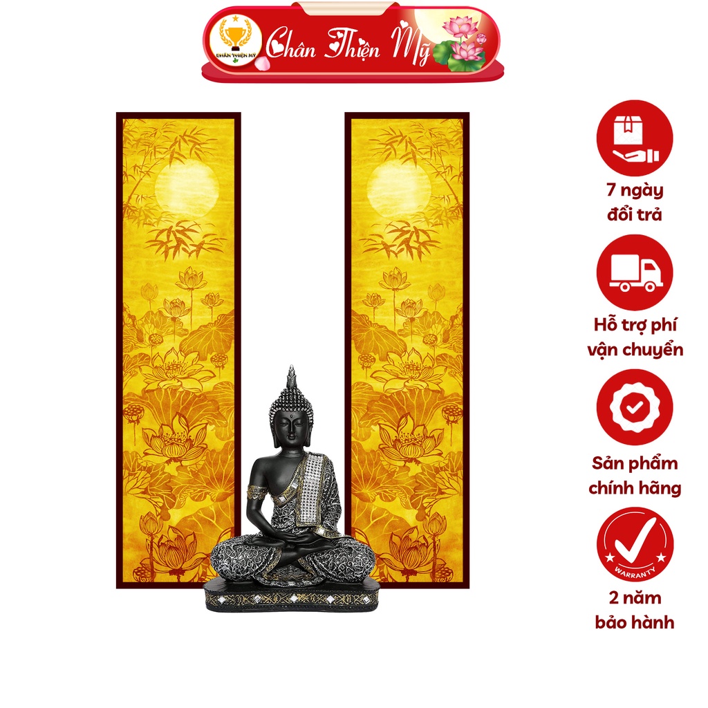 Đèn Thờ Tranh Trúc Chỉ Đôi CHÂN THIỆN MỸ, Hào Quang Phật, Tranh Thờ Trúc Chỉ Hoa Sen TC-TD-10