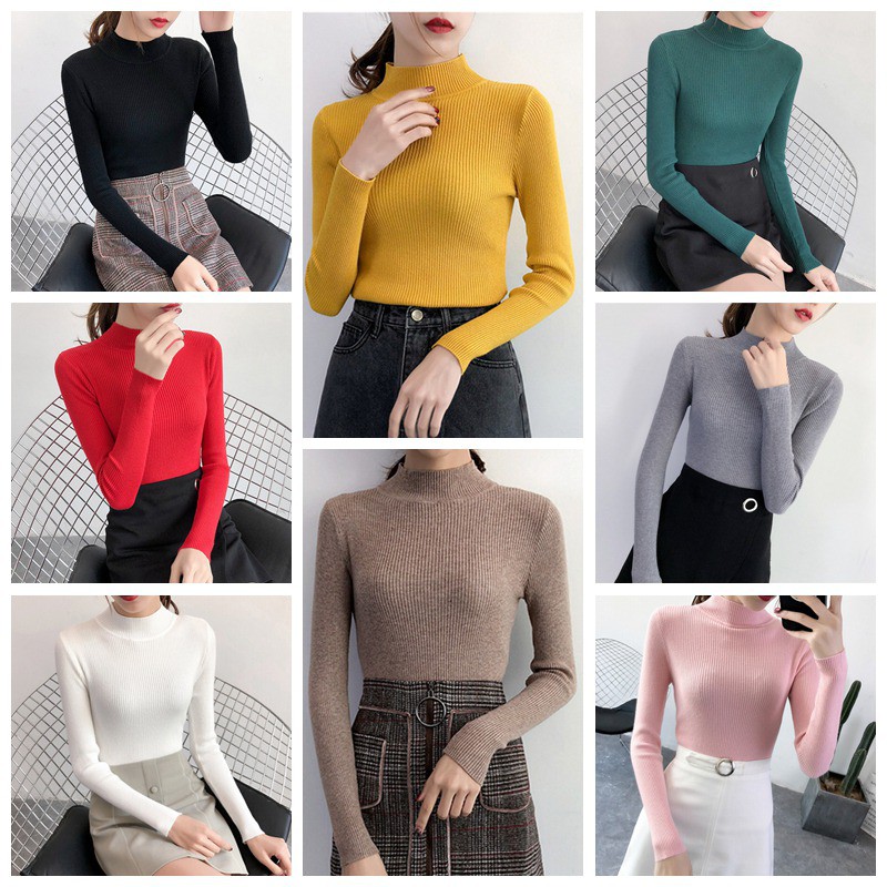 [Baywellfashion]Áo thun tay dài cổ lọ thiết kế ôm sát tôn dáng