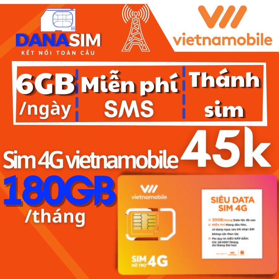 Sim 4G Vietnamobile Data 180Gb  - Gọi Miễn Phí - Sim Không Giới Hạn Data - Giá Siêu Rẻ