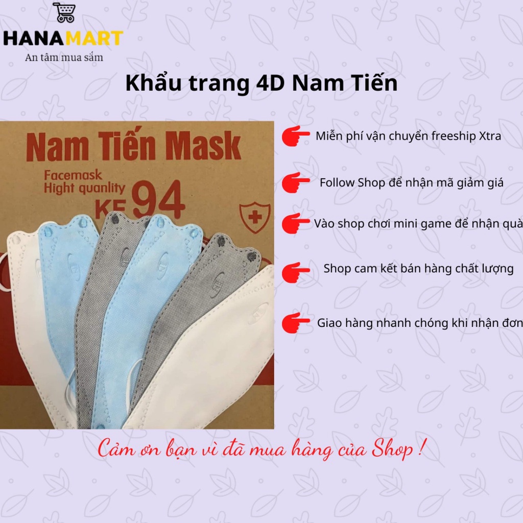 Set 10 Khẩu Trang Y Tế 4D 4 Lớp Kháng Khuẩn Nam Tiến, An Tâm. Khẩu Trang Cá KF94 Màu Xanh, Xám, Đen, Trắng. Hana Mart