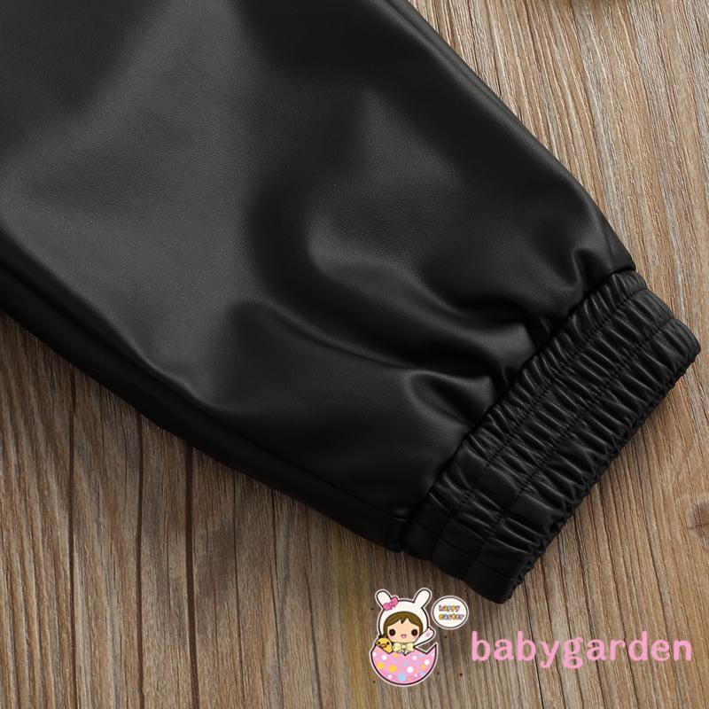 Set đồ 2 món áo tay ngắn cổ bẻ có dây kéo + quần dài bằng da màu đen trơn cho bé gái