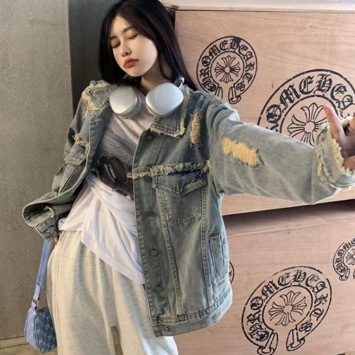 ZHELIHANGFEI Áo Khoác Denim Dài Tay Dáng Rộng Phối Túi Cá Tính Theo Phong Cách Retro Mỹ