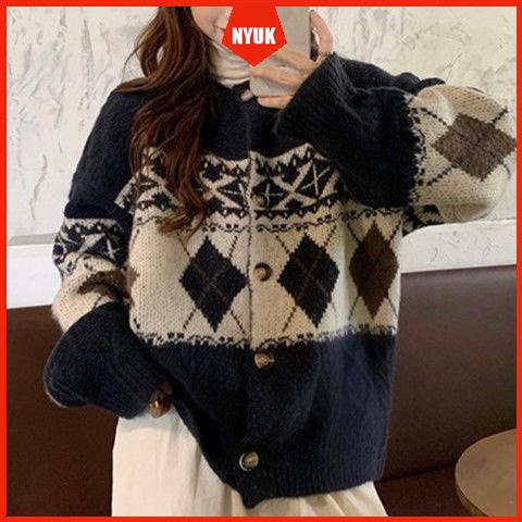 Korean retro sweater lazy style rhombus loose all-match sweater fashion jacket top