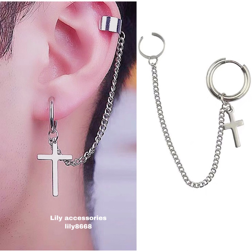 khuyên tai và kẹp vành tai titan phối thánh giá không gỉ không đen không dị ứng cho nam và nữ