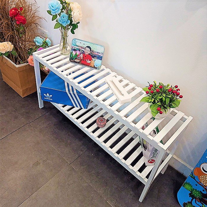 Kệ gỗ đa năng màu trắng 2 tầng dài 100cm phong cách hàn quốc.