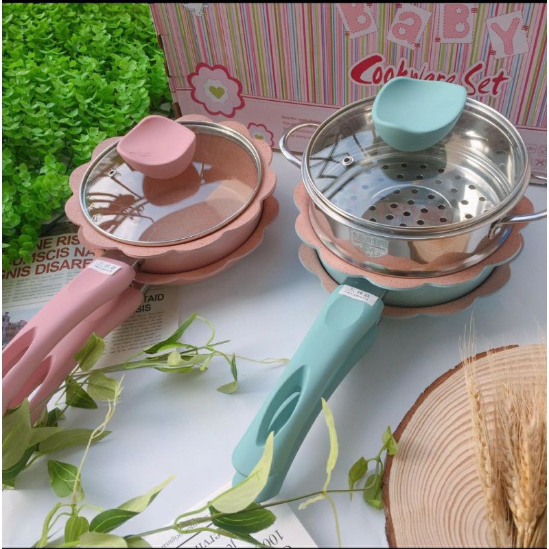 Bộ Nồi Chảo Cho Bé Ăn Dặm Size 16cm, Chảo Đá Chống Dính Kèm Xửng Hấp Và Thìa Chế Biến Đồ Ăn Dặm Cho Bé