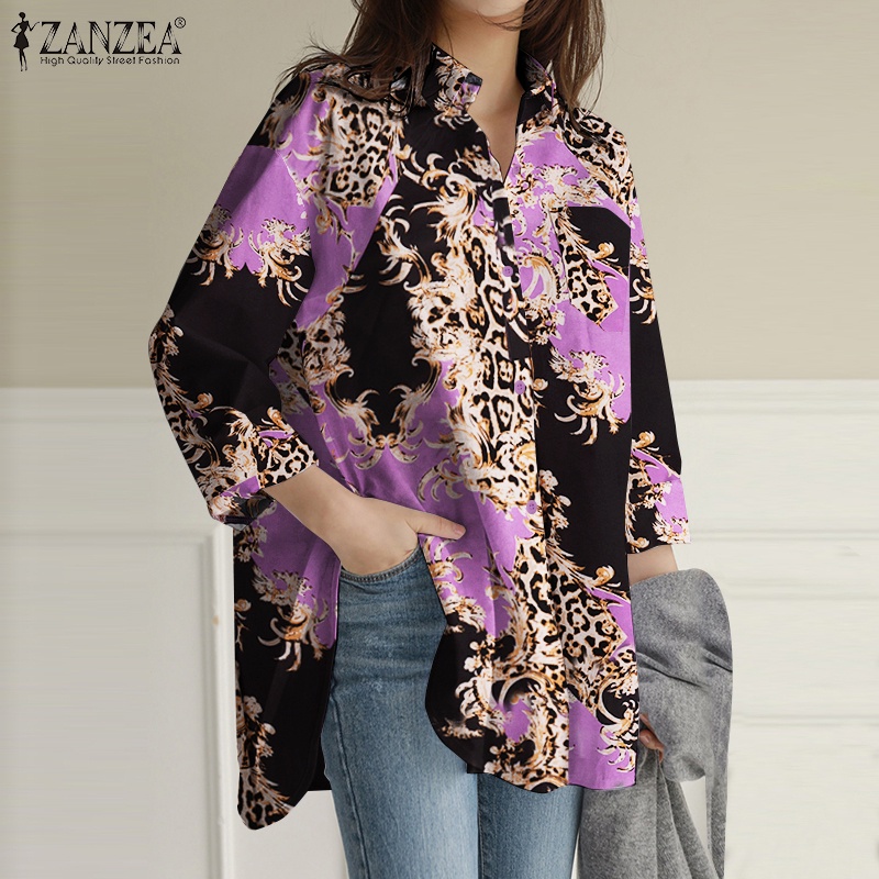 Áo sơ mi ZANZEA tay dài họa tiết da báo thời trang dành cho nữ