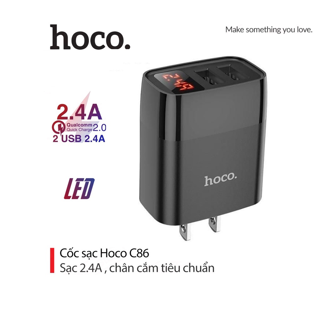 Củ sạc nhanh 2.4A Hoco C86 màn hình Led hiển thị dòng điện chân dẹt 2 cổng USB chất liệu PC cao cấp