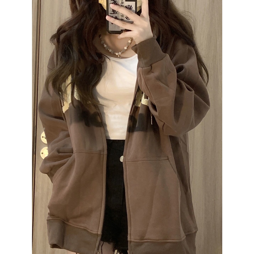 Siêu Hot [Mùa Thu Kỷ Học tháng Chín] Áo Hoodie Dáng Rộng Phối Khóa Kéo Phong Cách Harajuku BF Hợp Thời Trang Mùa Thu Dành