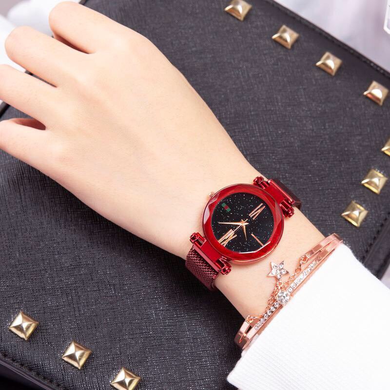 Đồng hồ thời trang nữ dây lưới nam châm Huans full đỏ V786