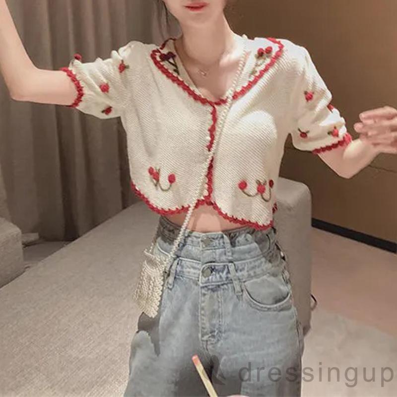 DRE-Ladies V-neck Short Tops, Summer Three-dimensional Flower Pattern Puff Short Sleeve Single-breasted Tops