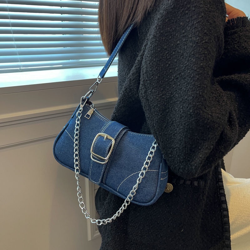 túi denim Túi Đeo Chéo Một Bên Vai Cỡ Nhỏ Thiết Kế Độc Đáo Chất Liệu Denim Niche Dễ Phối Đồ