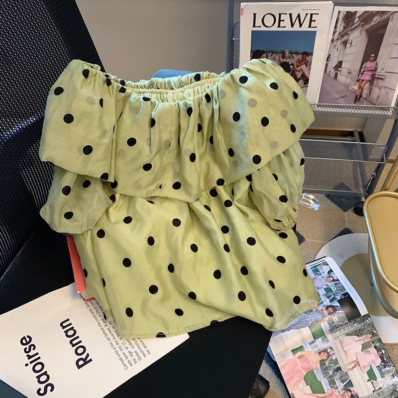 Áo Trễ Vai Dáng Rộng Tay Phồng Họa Tiết Chấm Bi Màu Xanh Lá Phong Cách Phương Tây Dành Cho Nữ