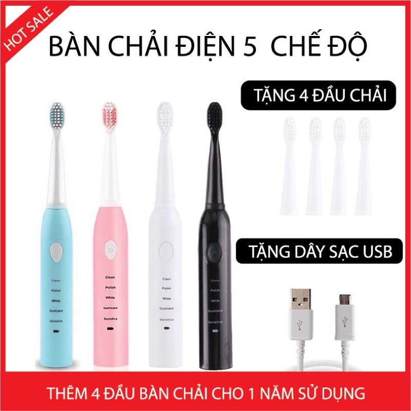 Bàn chải điện đánh răng tự động với 5 chế độ cao cấp có đầu bàn chải tiện lợi