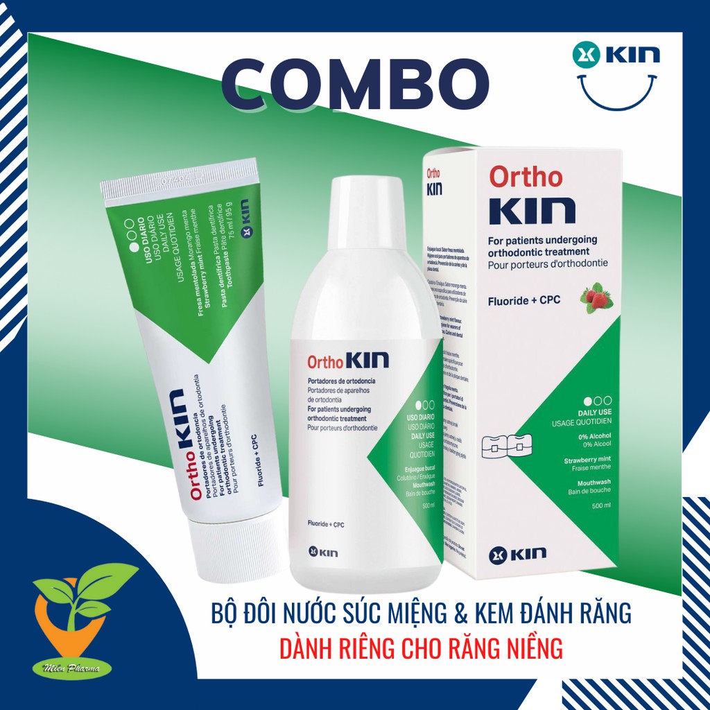 COMBO KEM ĐÁNH RĂNG VÀ NƯỚC SÚC MIỆNG ORTHO KIN CHO RĂNG NIỀNG 500ML