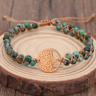 Vintage Women Jewelry Green Stone Handmade Adjustable Bracelet Tree Of Life Charm Rope Bracelet 2020