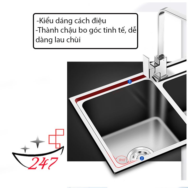 Chậu rửa bát hai hố liền khối inox 304 tặng kèm bộ xả chống hôi - Bồn rửa chén đúc inox 304