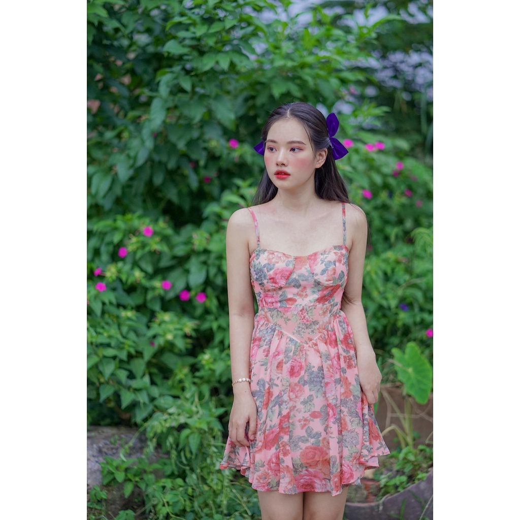 Đầm hoa xòe hai dây phong cách Ulzzang Hàn Quốc, váy xoè hai dây hoa phong cách tiểu thư dễ thương một chút sexy