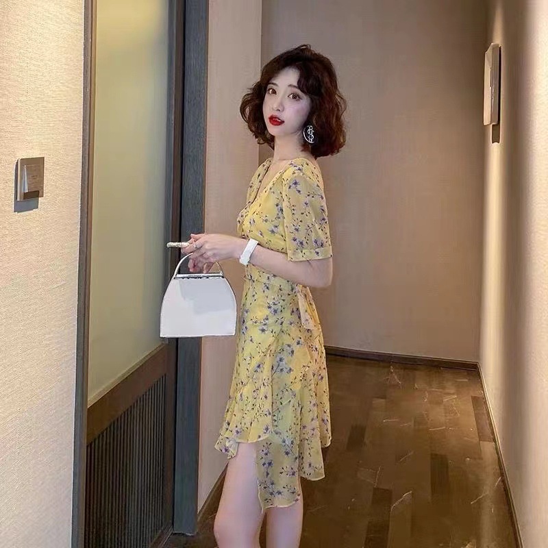 Đầm Perty họa tiết hoa cổ chữ V thời trang phong cách Hàn Quốc gợi cảm cho nữ