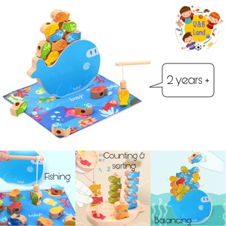 Đồ chơi câu cá bằng gỗ, kết hợp xâu dây, xếp thăng bằng - Đồ chơi gỗ luyện kỹ năng cho bé 1-4 tuổi