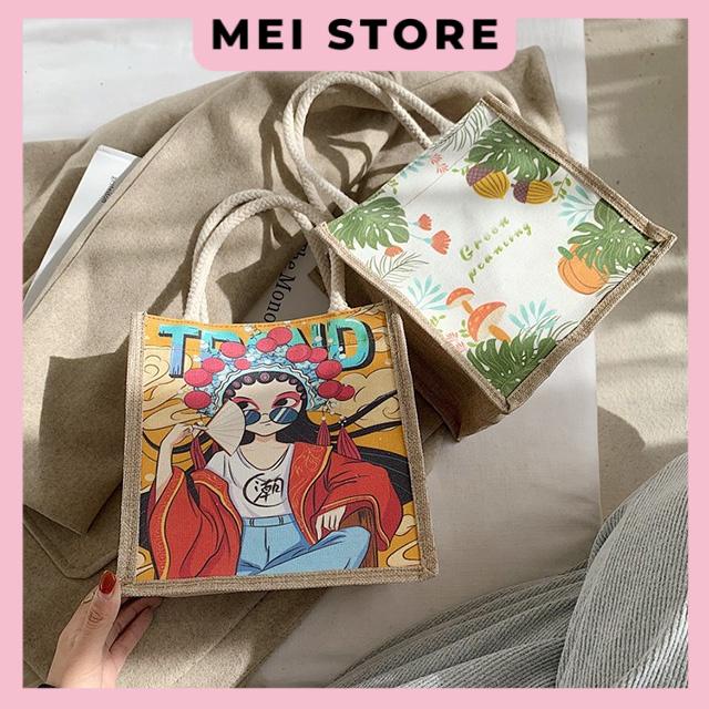 Túi Cói Mini Phong Cách VINTAGE In Hình Thời Trang, Đi Biển, Có Khoá Kéo