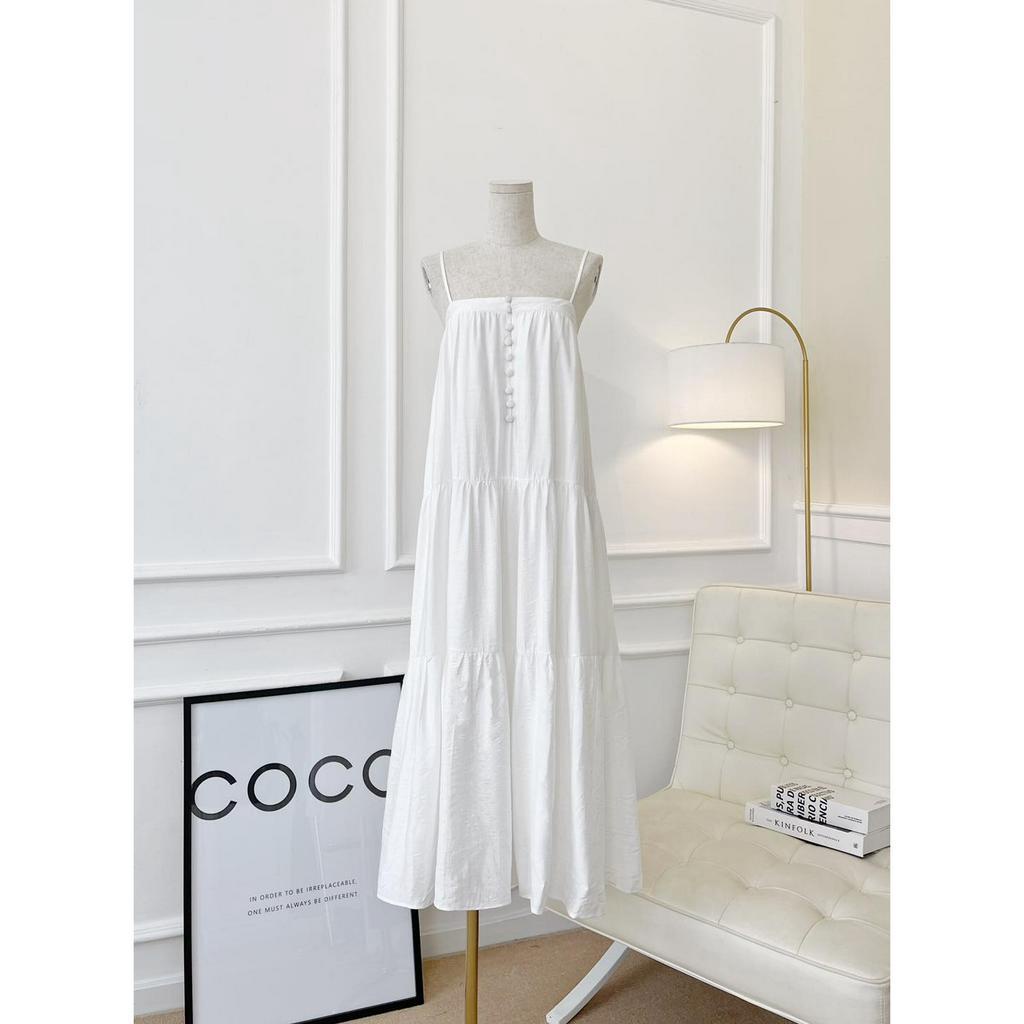 [HÀNG THIẾT KẾ CAO CẤP] Đầm Maxi Hai Dây Nút Bọc Dạo Phố / Đi Biển Nữ Tính Màu Trắng / Tím / Xanh