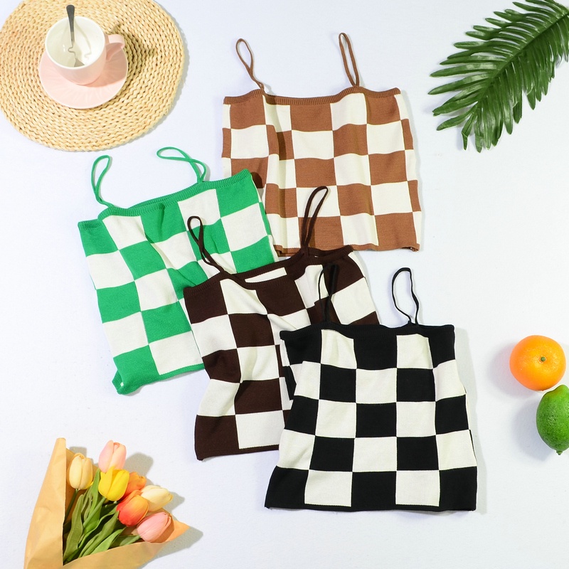 SUXI Áo Hai Dây Dệt Kim Ôm Dáng Kẻ Sọc Ca Rô Kiểu Retro Hàn Quốc