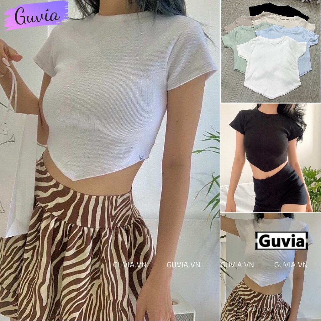 Áo Croptop TAY NGẮN VẠT NHỌN Nữ, Áo Thun Trơn Cổ Tròn Tay Ngắn Đẹp GUVIA  Mẫu Mới Về GUVIA CR41