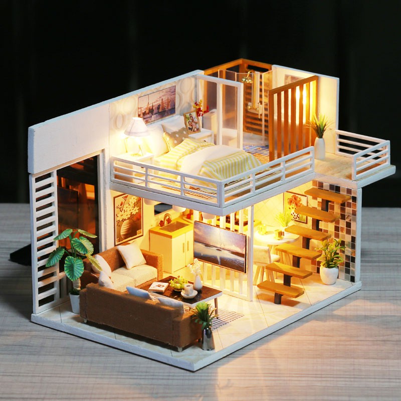 Mô hình nhà gỗ búp bê Tự, Bộ đồ chơi búp bê thu nhỏ với nội thất, làm Nhà thủ công Sưu tầm cho sở thích  K31