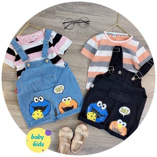 sét yếm bò kaki kèm áo kẻ cho bé