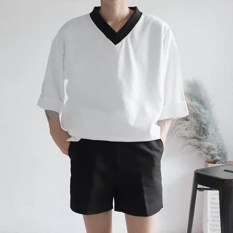 Áo thun nam Unisex cổ V trắng tay lửng form rộng cổ V viền đen