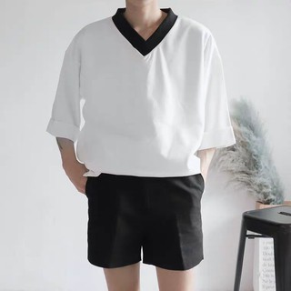 Áo thun nam Unisex cổ V trắng tay lửng form rộng cổ V viền đen