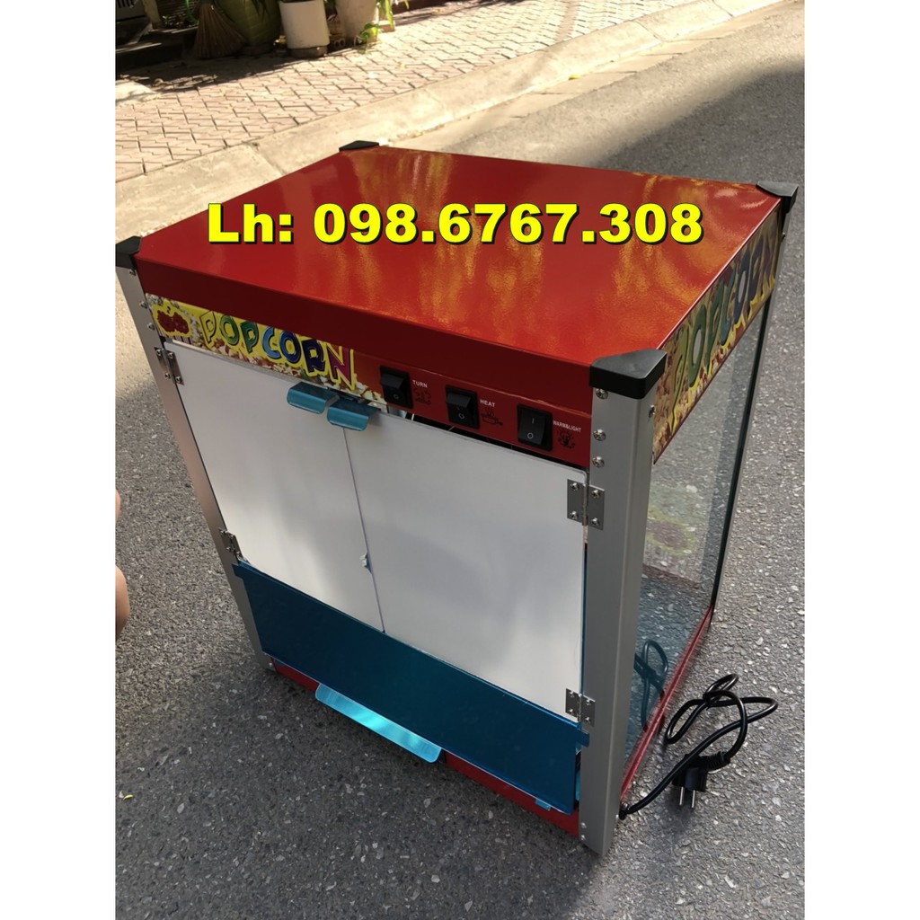 Máy làm bỏng bắp rang bơ chạy điện có tủ kính cường lực, Máy nổ bỏng ngô có chế độ nhiệt, có đèn chiếu sáng