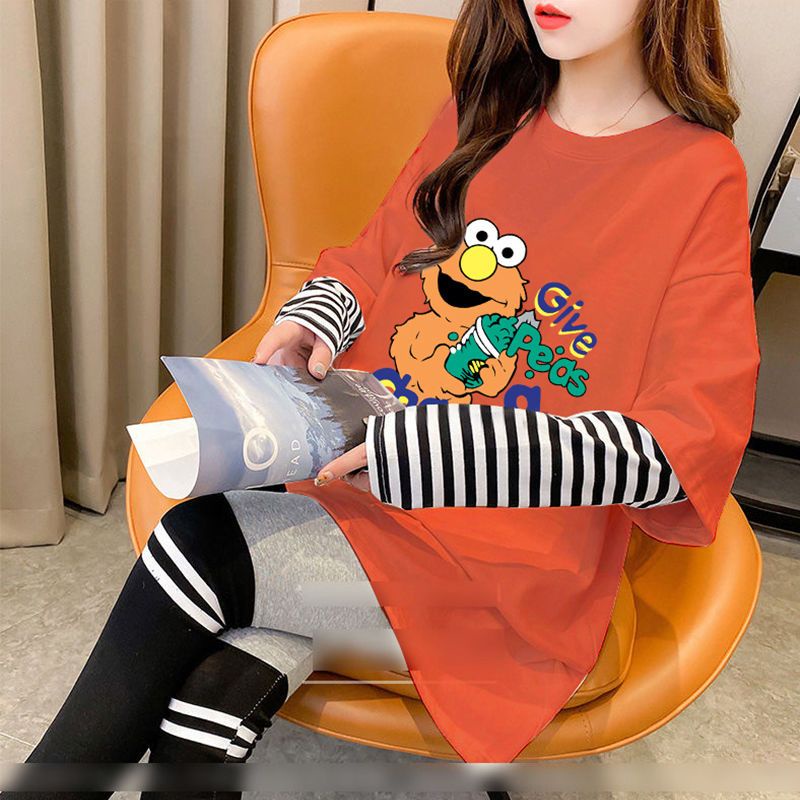 Áo Thun Tay Dài Giả Hai Lớp Dáng Rộng In Họa Tiết Hoạt Hình Phong Cách Hàn Quốc Thời Trang 2022 Cho Nữ