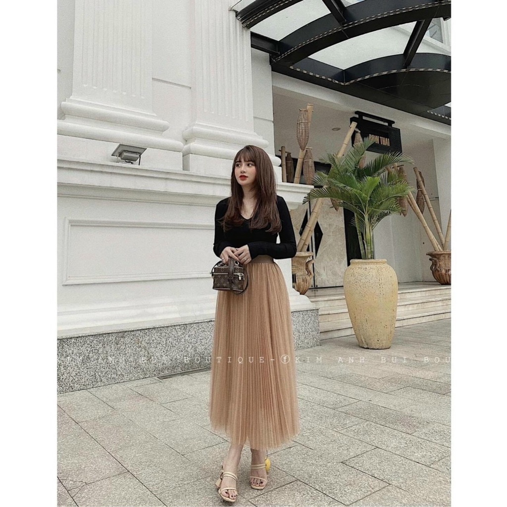 Chân váy midi xếp ly voan