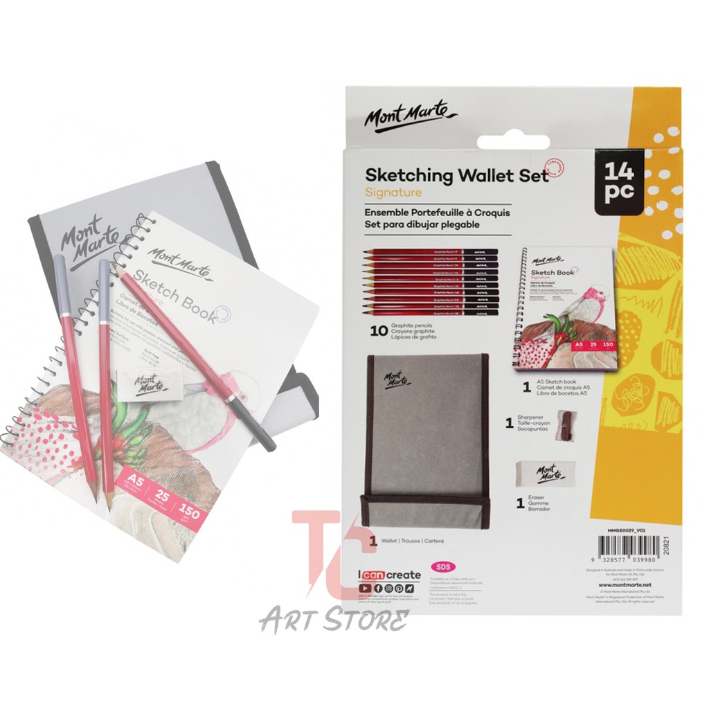 Bộ 14 Món Vẽ Chì, Phác Thảo Mont Marte Sketching Set (MMGS0029) ( 10 bút chì, sổ, gôm, gọt chì, ví đựng bút)