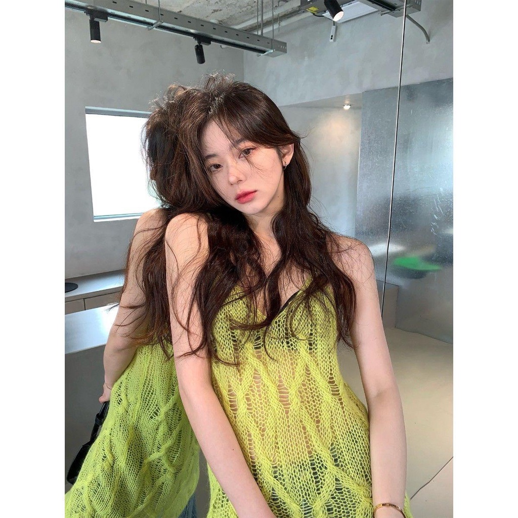 Đầm Chữ a Cổ Chữ v Đan Len Khoét Lỗ Màu Vàng Nhạt Thời Trang Mùa Hè Hàng Mới Dành Cho Bạn Nữ