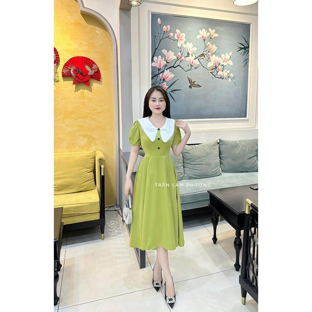 Đầm lụa maxi đính nút cổ bẻ nhọn ngắn tay