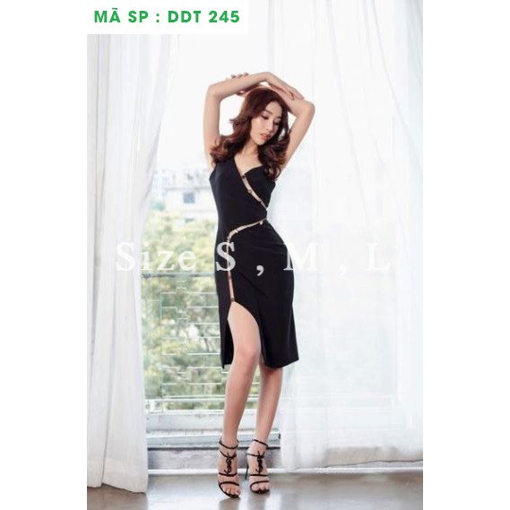 Đầm body dự tiệc xẻ tà cổ V phối viền cao cấp thoitranghd