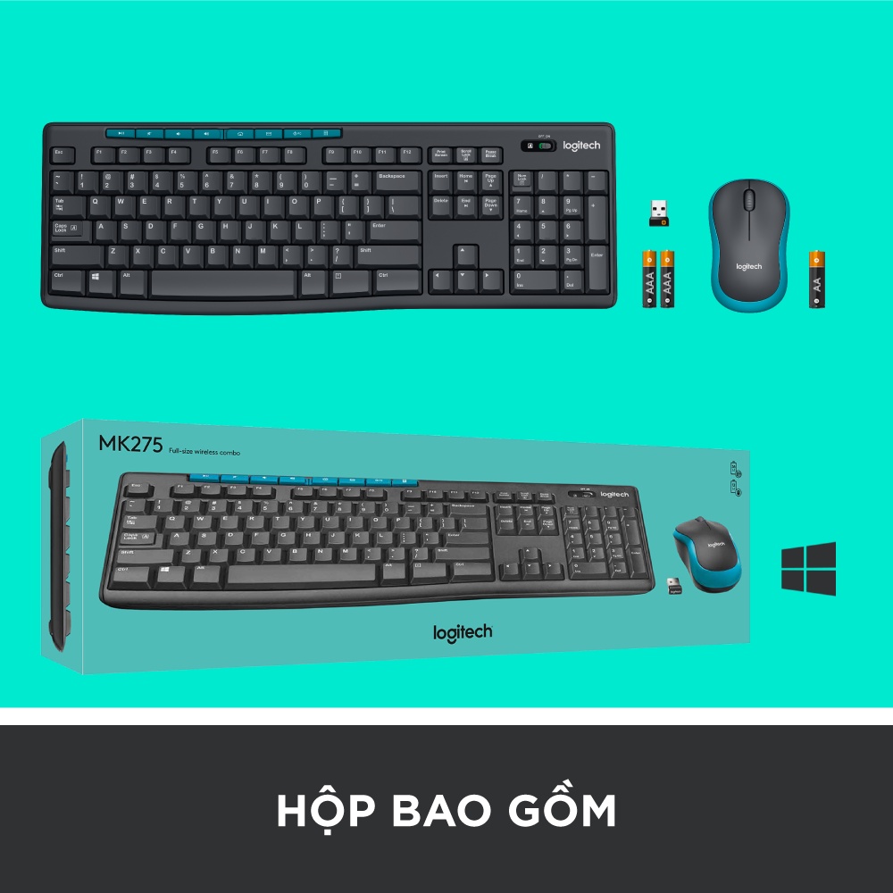 [Mã ELLOGIWL5 giảm 10% đơn 500K] Combo chuột phím không dây Logitech MK275 - Phím media &amp; viền chuột nổi bật, 1 đầu USB