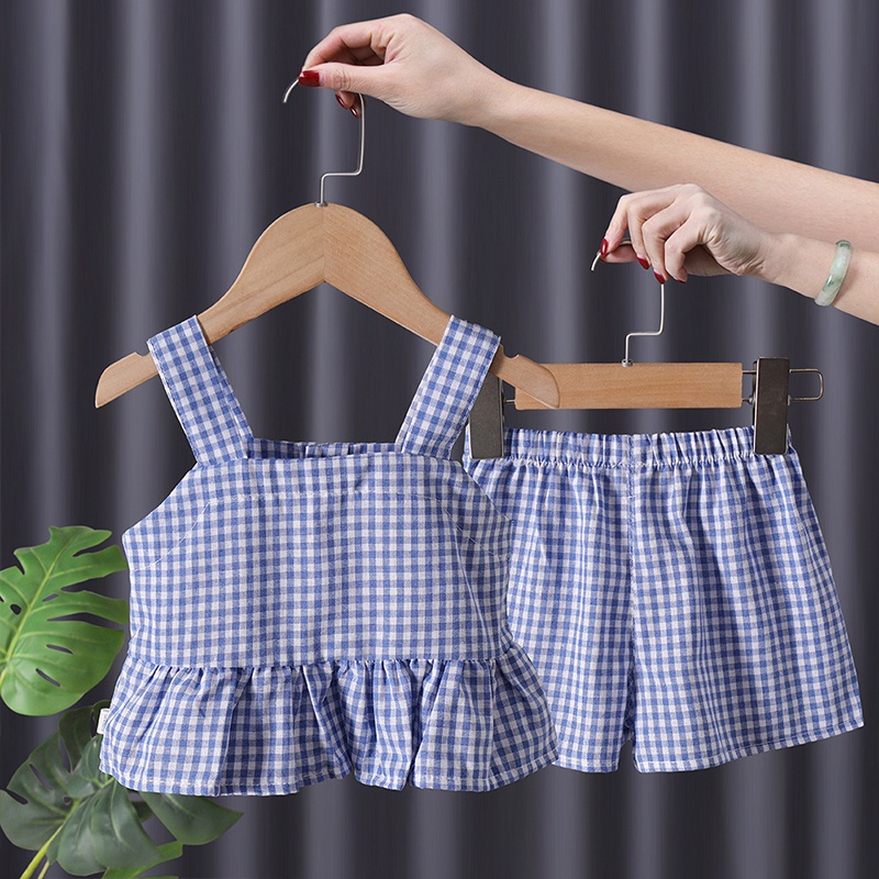 Bộ Quần Áo Họa Tiết Sọc Caro Dễ Thương Thời Trang Mùa Hè Cho Bé Gái